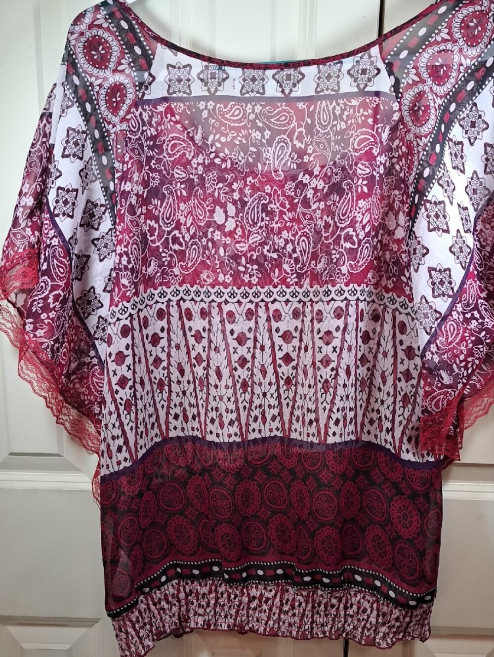 Maurices Burgundy & White Paisley Flutter Sleeve Blouse - Picture 8 of 11